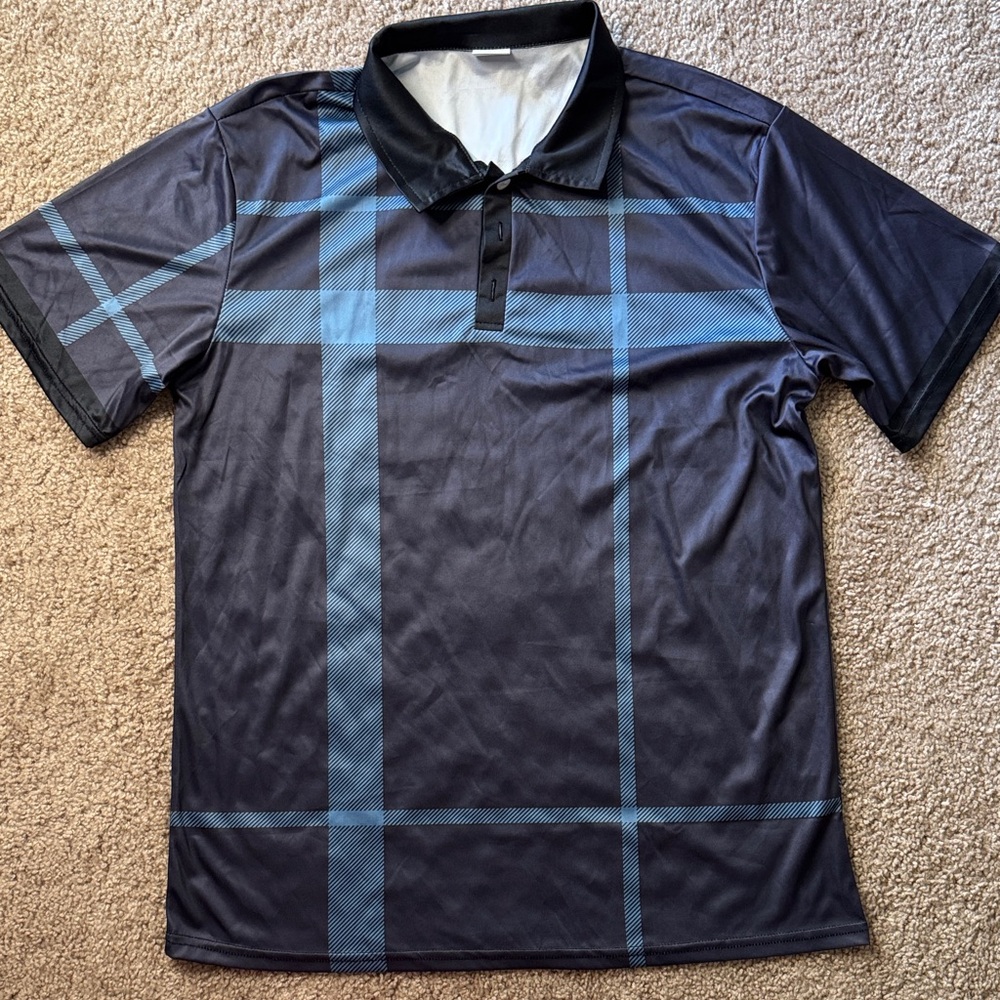 Men's Black and Blue Plaid Polo Shirt